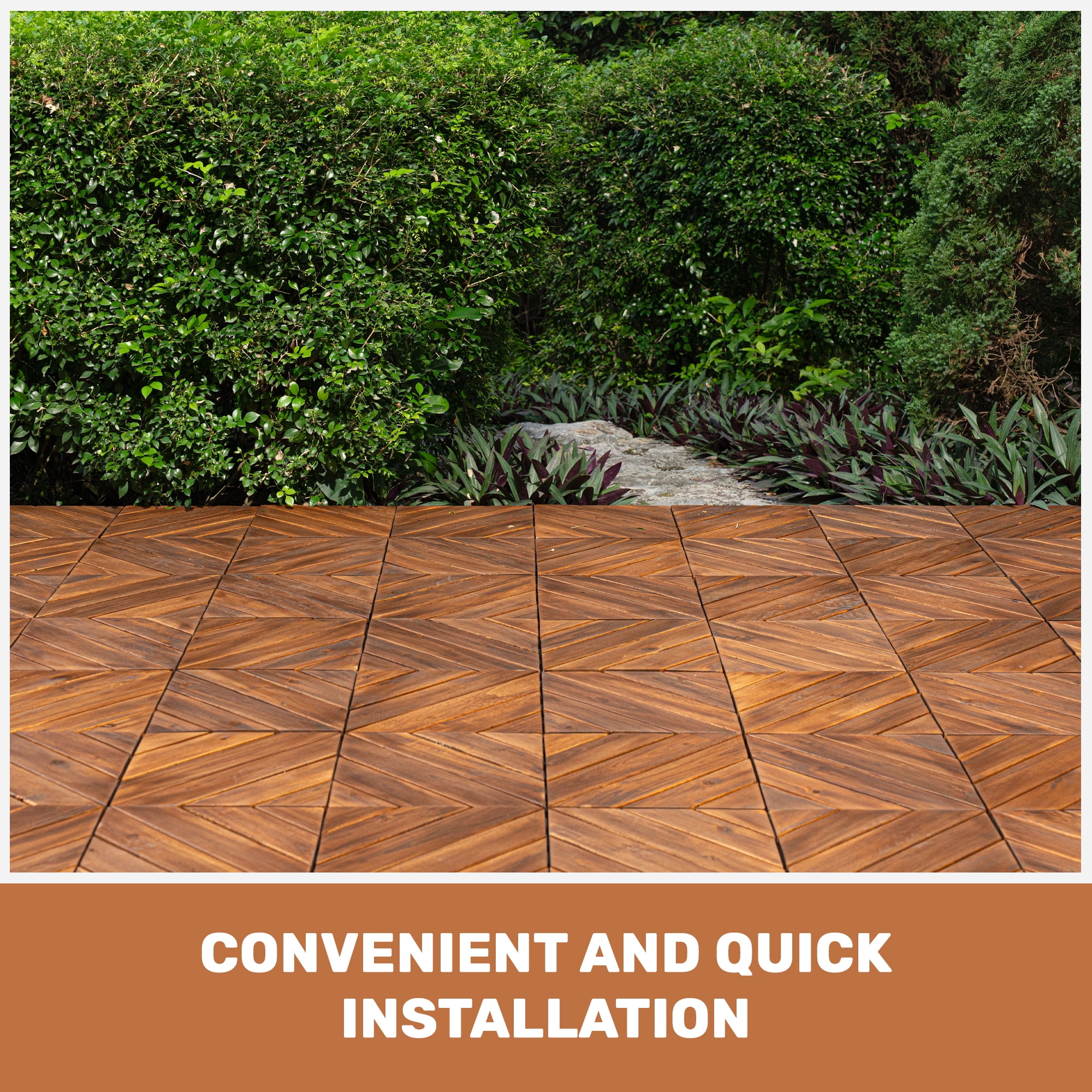 10‑Pack Diagonal Pattern Interlocking Acacia Wood Deck Tiles, 12”×12” Waterproof All‑Weather Outdoor Flooring Tiles for Patio Garden Pool Balcony Porch
