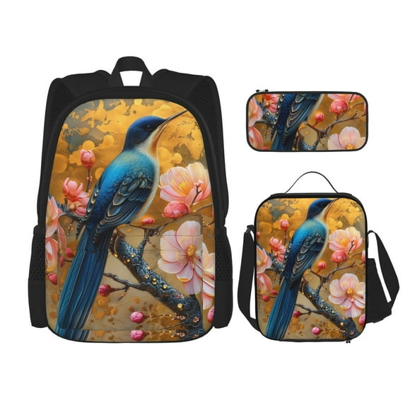 Disketp Bluebird Blossom Elegance Mochila Estampada de Gran Capacidad con Lonchera y Estuche, Set de 3 Piezas para Estudiantes