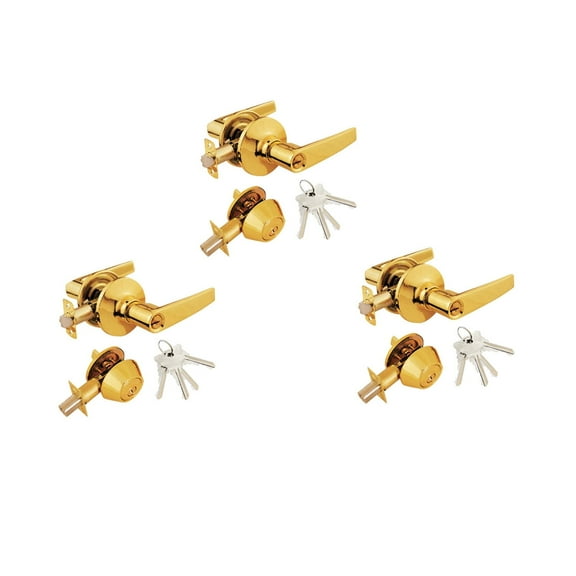 Polished Brass Entry Lock Set Door Lever Handle and Deadbolt Keyed Alike SC1 Keyway. 12 Total Keys, Keyed Alike by Set