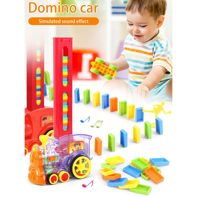 Muyoka Austok Juego de tren de dominó de 80 piezas, tren divertido y colorido con sonidos, juego de bloques de dominó para construir y apilar juguetes para niños y niñas, juego de tren de juguete de c Muyoka Hogar