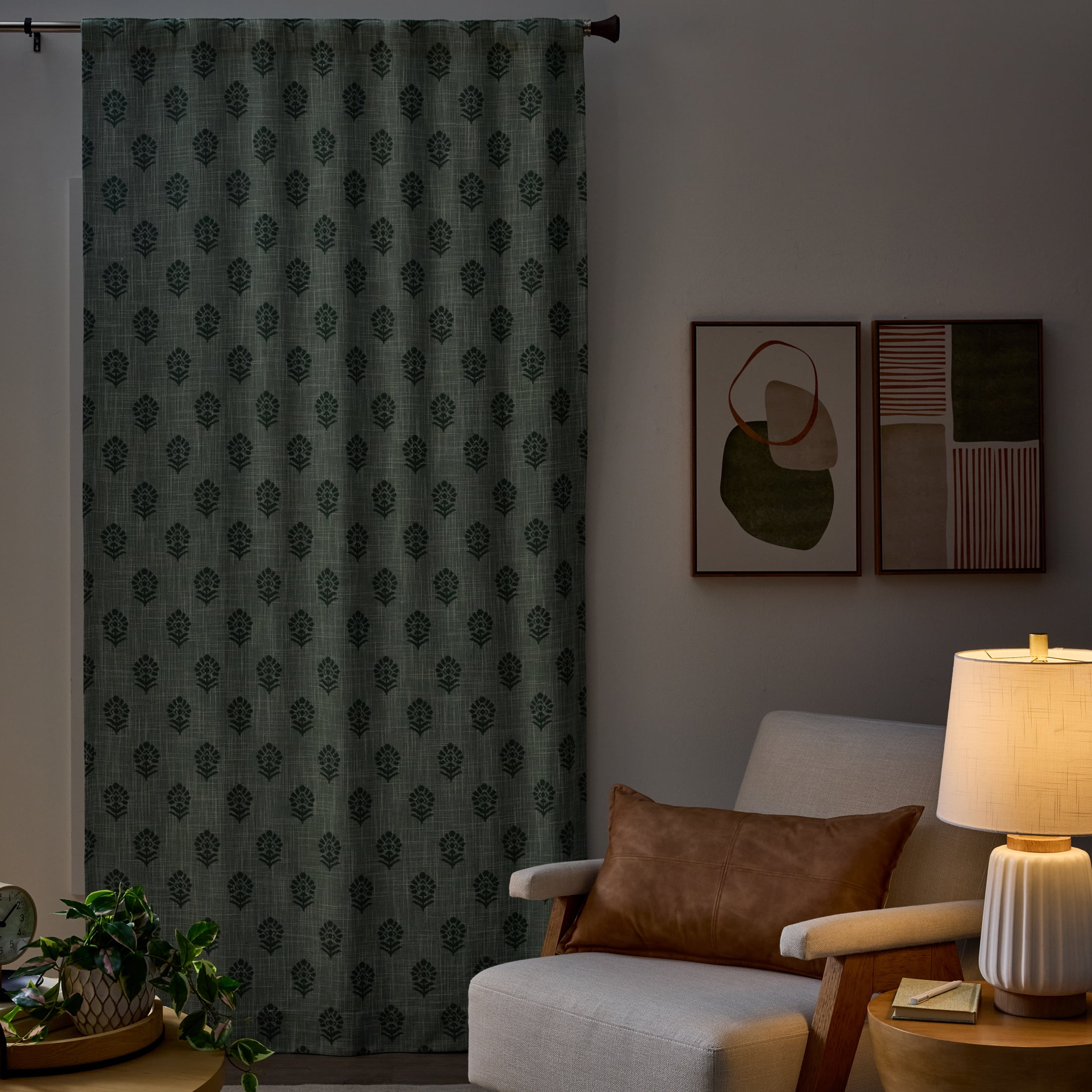 Better Homes & Gardens Floral Block Print Blackout Single Curtain Panel, Green, 50"W x 95"L