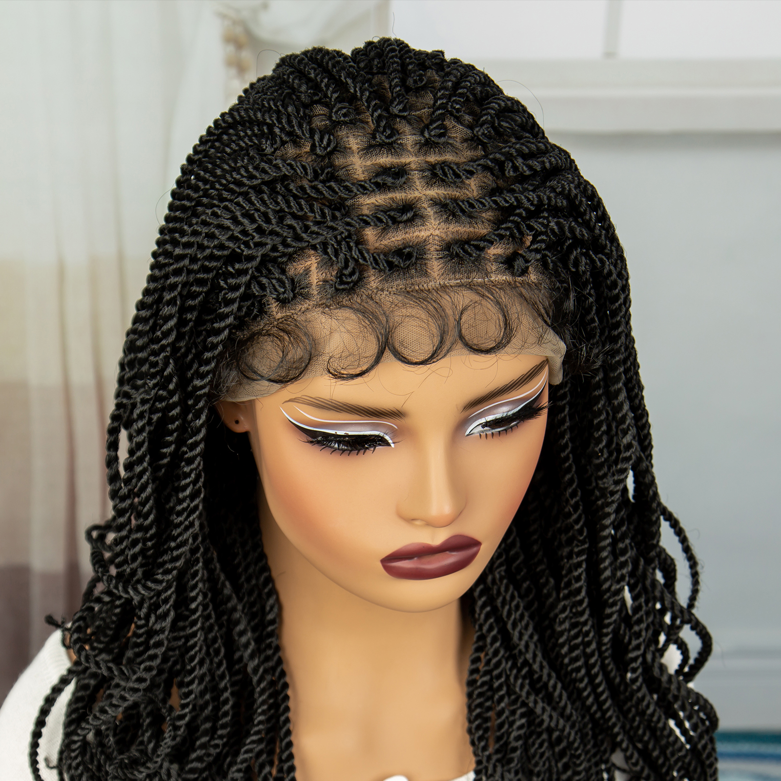 Twist Braided Wigs 20 Inches Lace Frontal Lightweight Synthetic Square Knotless Box Braids Wigs Curly Ends with Baby Hair for Women (1B Color)