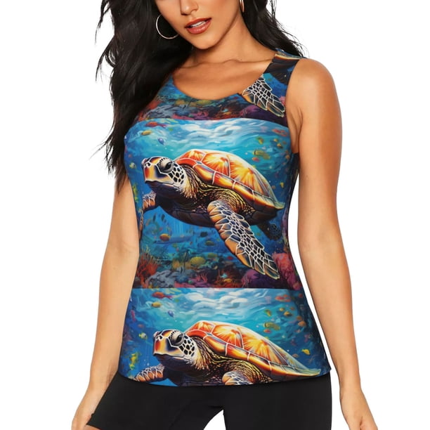 Fotbe Colorful Underwater Sea Turtle Blusas Sin Mangas para Mujer – Estilo Casual, Corte Suelto, Slim-Fit, Cuello Redondo Deportivo, Tops de Verano para Gimnasio y Yoga-Medium