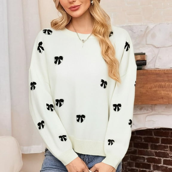 safuny Women's Fall Cute Bow Crewneck Cropped Sweater Trendy Long Sleeve Ribbed Knit Pullover Tops White _q XL