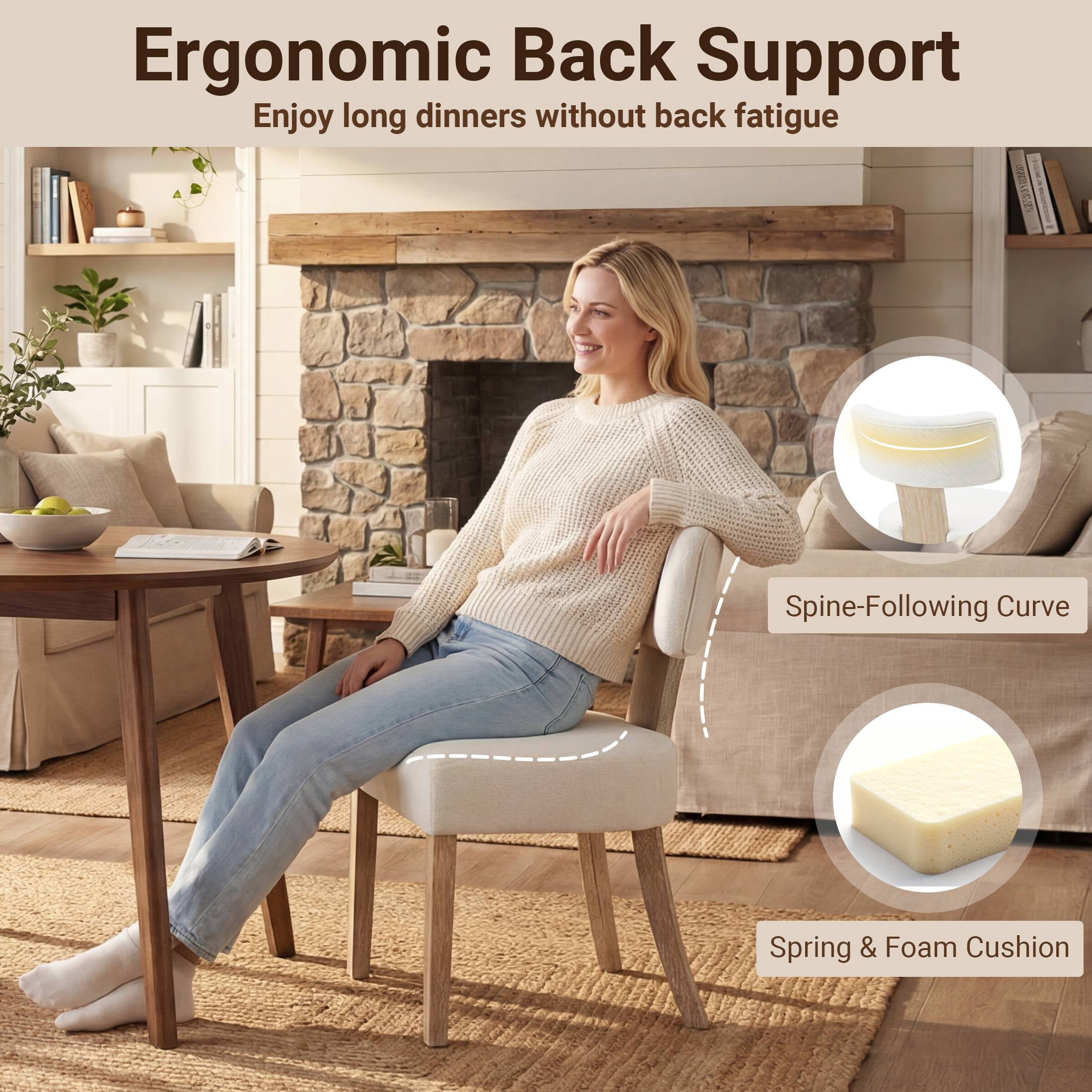 Prilinex Upholstered Dining Chairs Set of 6, Farmhouse Kitchen Side Chairs with Curved Backrests & Wider Cushion, Solid Wood Legs, Mid Century Modern for Dining Room Restaurant Home, Beige