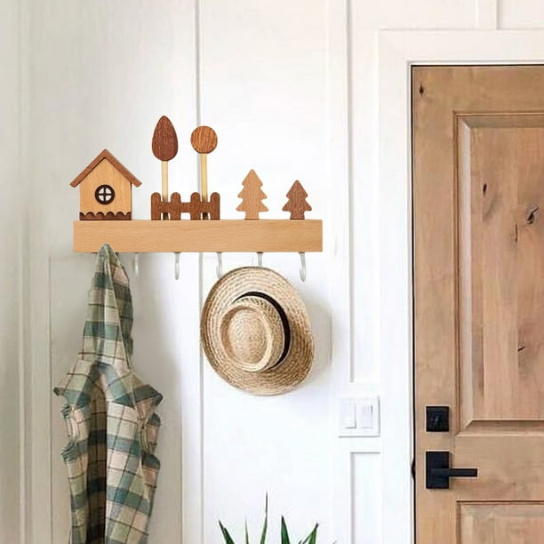 Gancho para llaves con dibujos animados | Perchero de pared para entrada sin taladro | Llavero de madera maciza para decoración del hogar | Color caqui o blanco