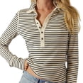 thumbnail image 2 of Womens Striped Henley Shirts Ribbed Long Sleeve Tops Going Out Slim Fit Top Fall Fashion Basic Tees White M, 2 of 8