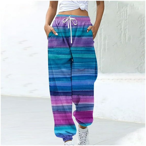 WXLWZYWL Women's Athletic Pants Straight Legs High Waisted Drawstring Rainbow Gradient Sweatpants Loose Lounge Workout Jogger Trouser