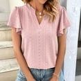 thumbnail image 2 of Women 2023 Summer Tops V Neck Ruffle Short Sleeve Eyelet Blouse Solid Color Soft Lightweight Flowy Shirt Tunic Top, 2 of 7