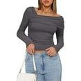 thumbnail image 5 of TANGNADE Women's One Off Shoulder Long Sleeve Top Ruched Going Out Tops Slim Fit Shirt Crop Sexy Blouse, Gray L, 5 of 5