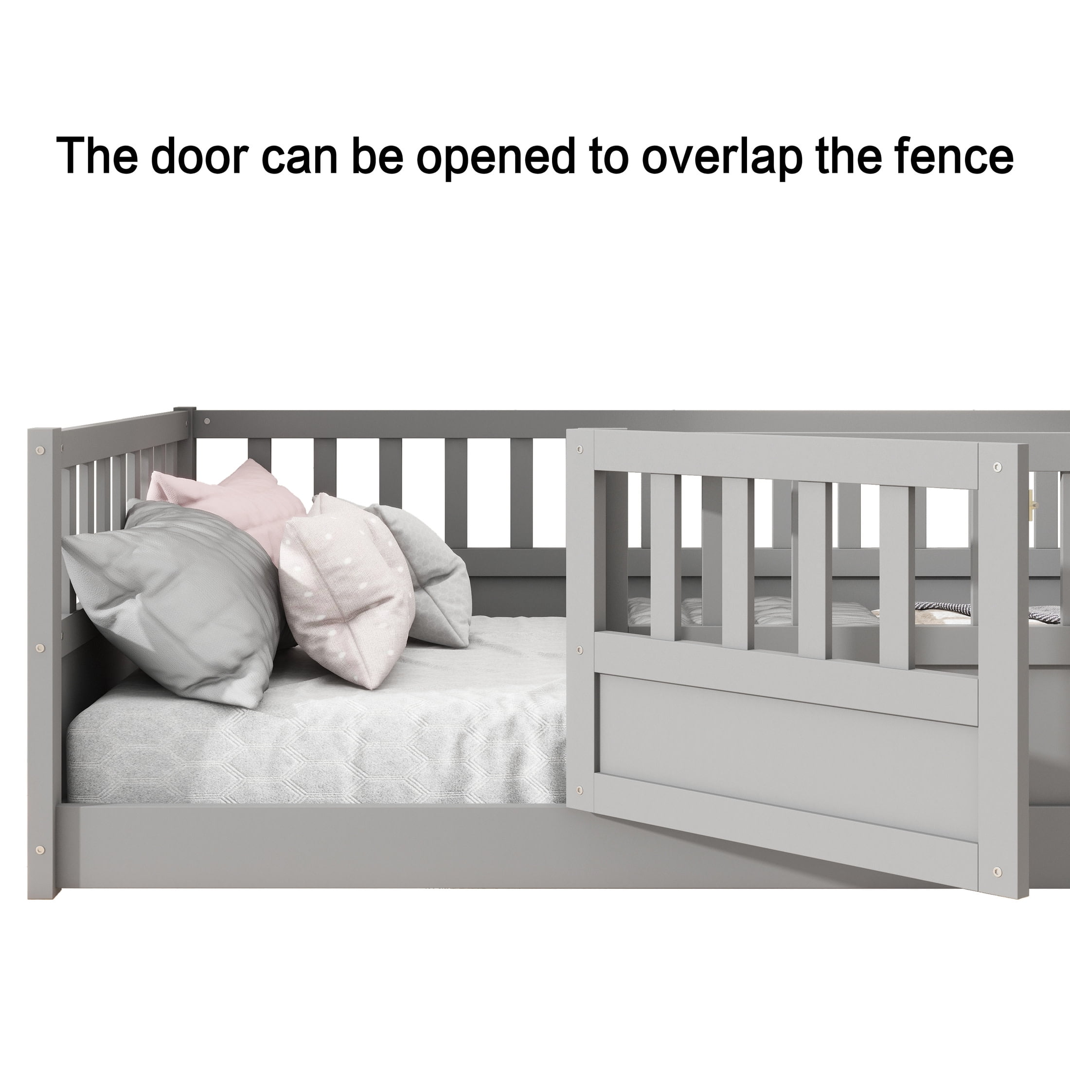 Noble House Twin Size Montessori Floor Bed with Guardrails and Door, Wood Kids Bed Frame, Gray