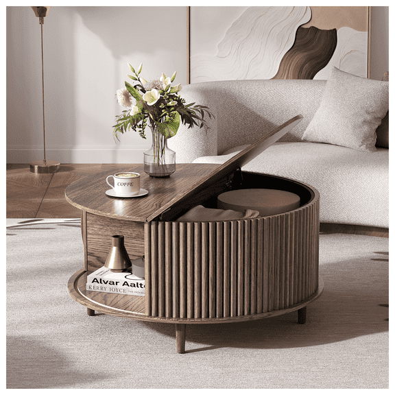 JOINICE Round Coffee Table for Living Room ,Fluted Center Table with Storage,for Living Room,Walnut