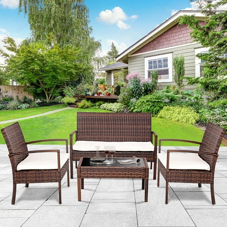 Gymax 4 PC Rattan Patio Furniture Set Garden Lawn Sofa ...