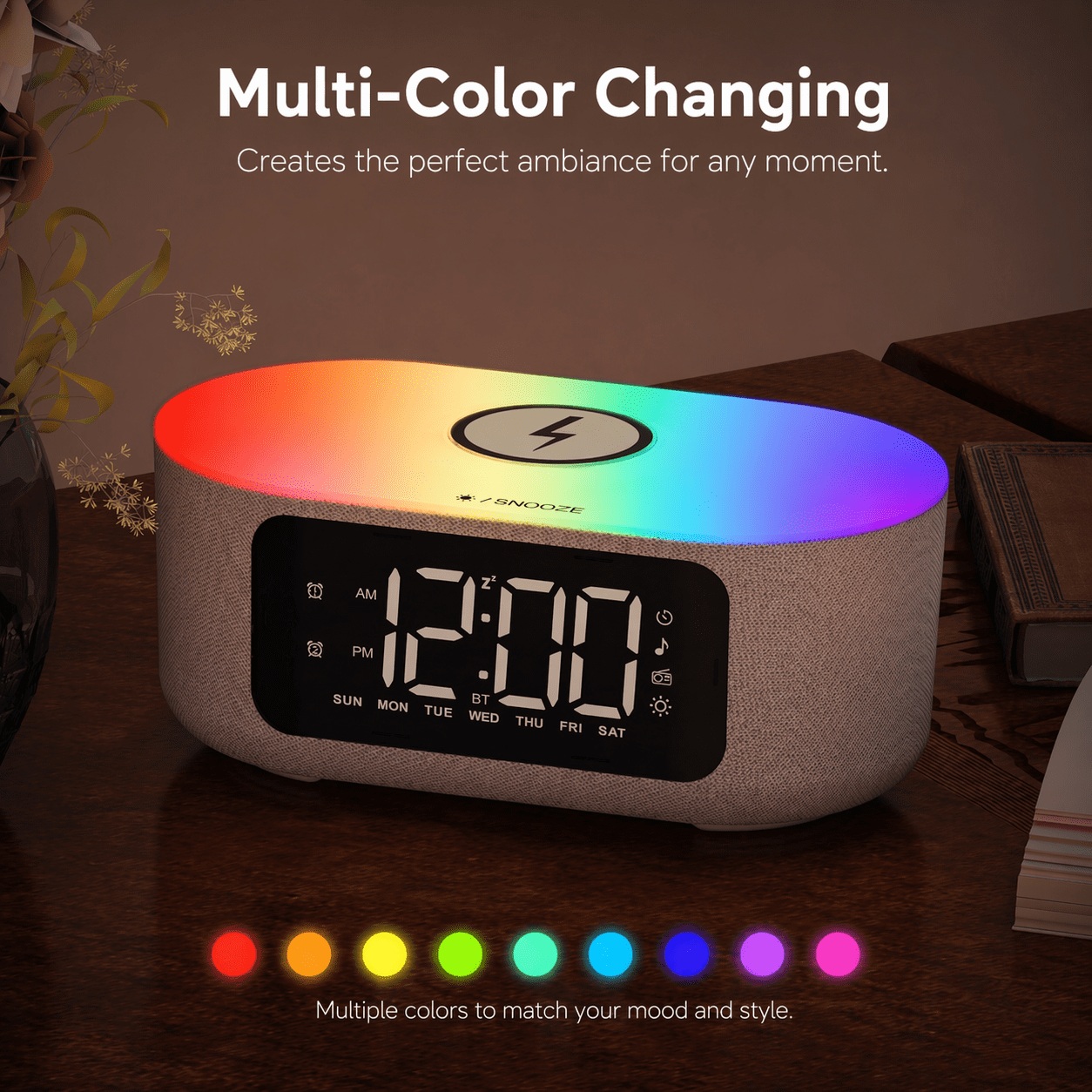 Wireless Charging Alarm Clock for Bedroom, with Big Led Screen Display, Bluetooth Stereo Sound Speaker, FM Radio, Fast Wireless Charging, USB Charging Port, Nightlight, White Noise