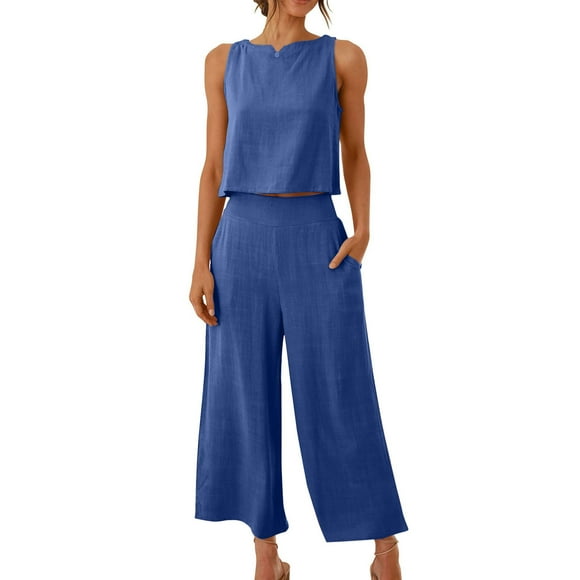 Wide-Leg Linen Capris Set, Womens Sleeveless Tank Tops and High Waisted Capris Suit, Summer Vacation Casual Outfits with Pockets Going out Outfits for Women Blue S