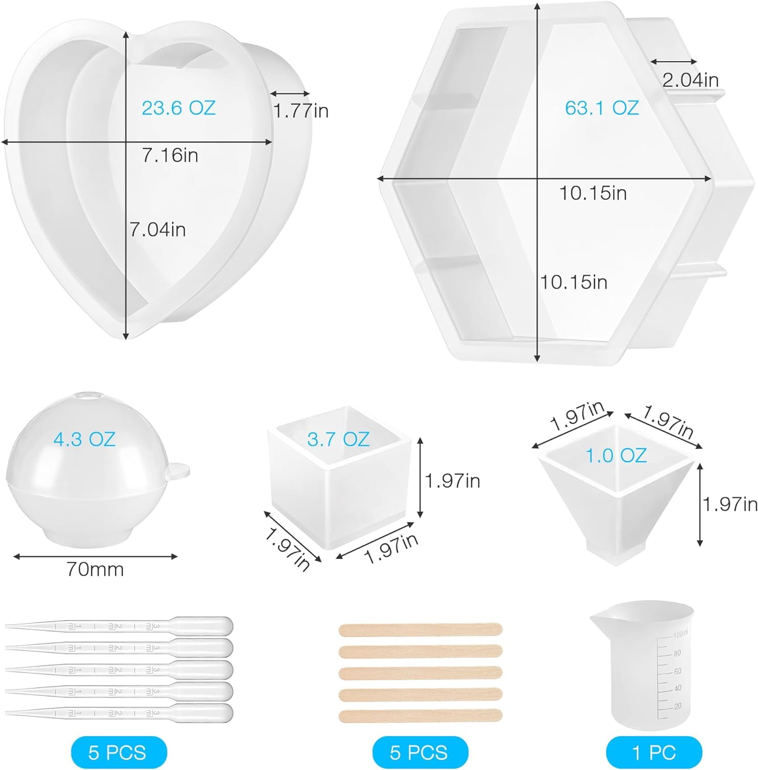 Wiher Resin Molds Silicone Kit, 8 in 1 Silicone Molds for Epoxy Resin, Large Resin Molds for Flowers Preservation, Including Hexagon, Heart, Sphere, Pyramid, Cube and Set Tools