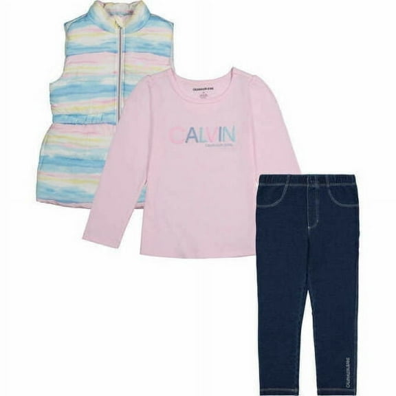 Calvin Klein Girls' 3 Pieces Vest Pants Set, Rainbow Pink, 3T