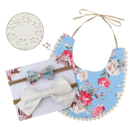 

aturustex Newborn Infant Baby Boy Girl Bib Headband Set Flower Print Strappy Burp Cloth Bowknot Hairband