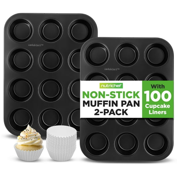 NutriChef Muffin Pans for Baking | Nonstick Cupcake Tins w/ 12-Cups, Carbon Steel Stackable Cup Cake Tray w/ 100pcs Parchment Paper Liners | Dishwasher & Oven Safe | 2-Piece Set, Black