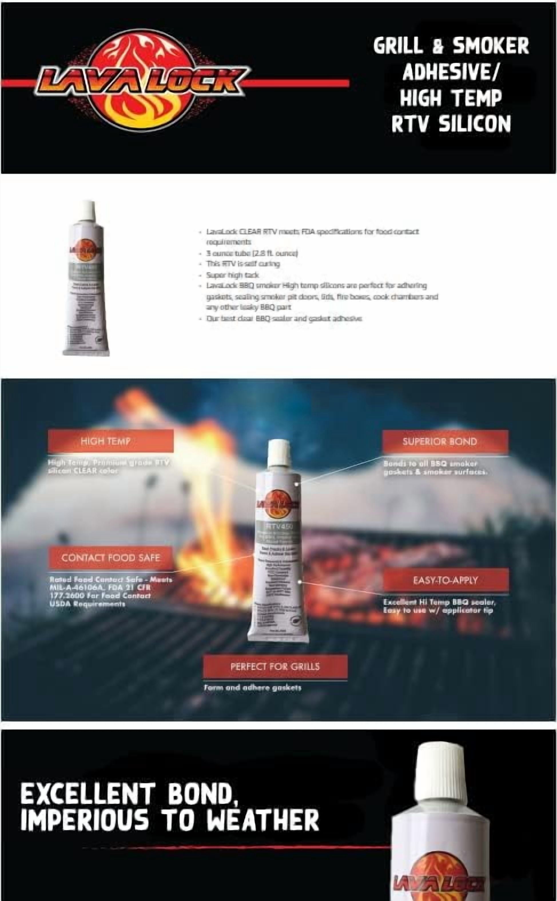 LavaLock® Food Safe BBQ Grade Adhesive Grill Smoker High Temp RTV Silicon - Clear 3 Ounce