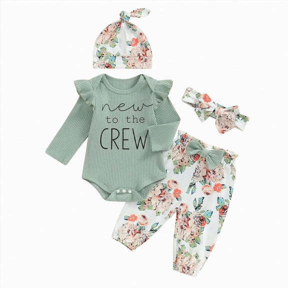CAUYDY 0 3 6 Months Cute Baby Girl Clothes Long Sleeve Floral Romper Set 4Pcs Newborn Infant Picture Outfit Girls Fall Winter Preemie Layette Set (Sizes Newborn,Green)