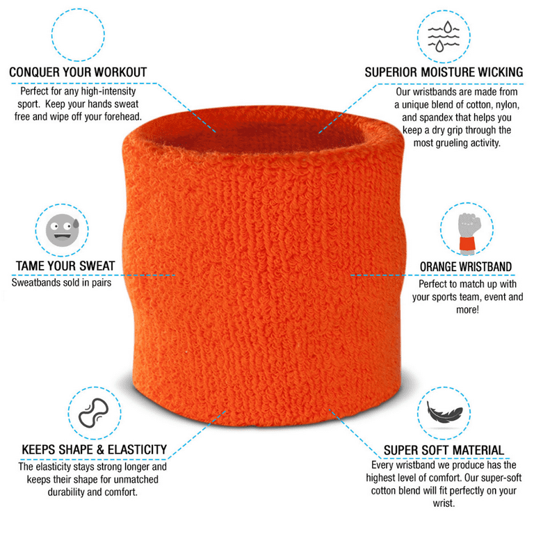 Suddora Wrist Sweatbands - Athletic Cotton Terry Cloth Wrist Bands for Basketball, Tennis, Football, Baseball Pair Orange
