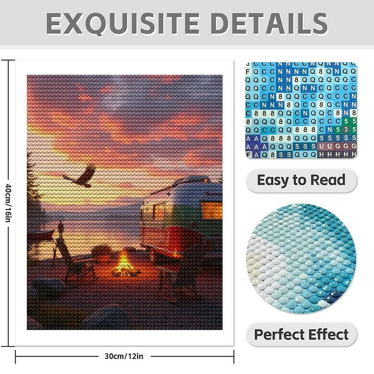 Diamond Art Kit for Adults, Camping Lake Sunset Camper Fire