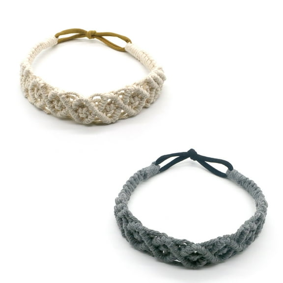 2 Pieces Boho Headband for Women Band Bohemia Headbands Vintage Ethnic Style Girls Accessories,with Elastic Cotton Rope,Beige&Deep Gray