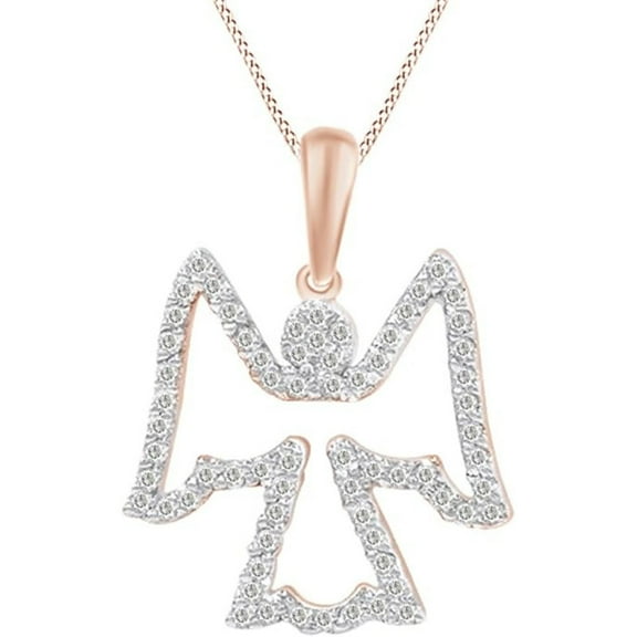 Angel Outline Pendant Necklace for Women In 14K Rose Gold Finish 925 Sterling Silver Round Cut White Diamond