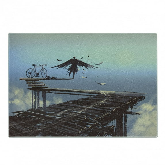 Fantasy World Cutting Board, Surreal Art Print Bird Man with Eagle Wings Fly over the Clouds Bike Illustration, Decorative Tempered Glass Cutting and Serving Board, Small Size, Brown, by Ambesonne