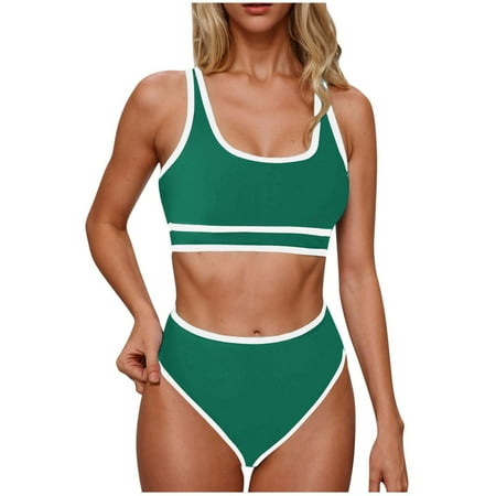 Atogsazn Women s High Waisted Bikini Sets Sporty Two Piece Swimsuits Color Block Cheeky High Cut Bathing Suits 01-Army Green M on Clearance