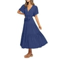 thumbnail image 2 of PiGOGI Women's Elegant Lace Up Dress V-Neck Short Sleeve Long Flowy Casual Summer Maxi Dress Dark Blue XXL, 2 of 9