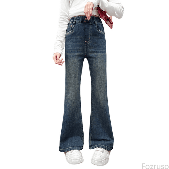 Fozruso Girls Stretch Pants Baggy Jeans Girls Wide Leg Elastic Waist And Multiple Pockets Cargo Pants Trousers Jeans Denim Pants For Sizes 5-6 Years