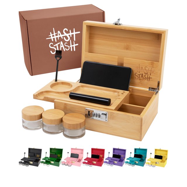 Caja de almacenamiento HASHSTASH The OG Large Bamboo con candado y accesorios