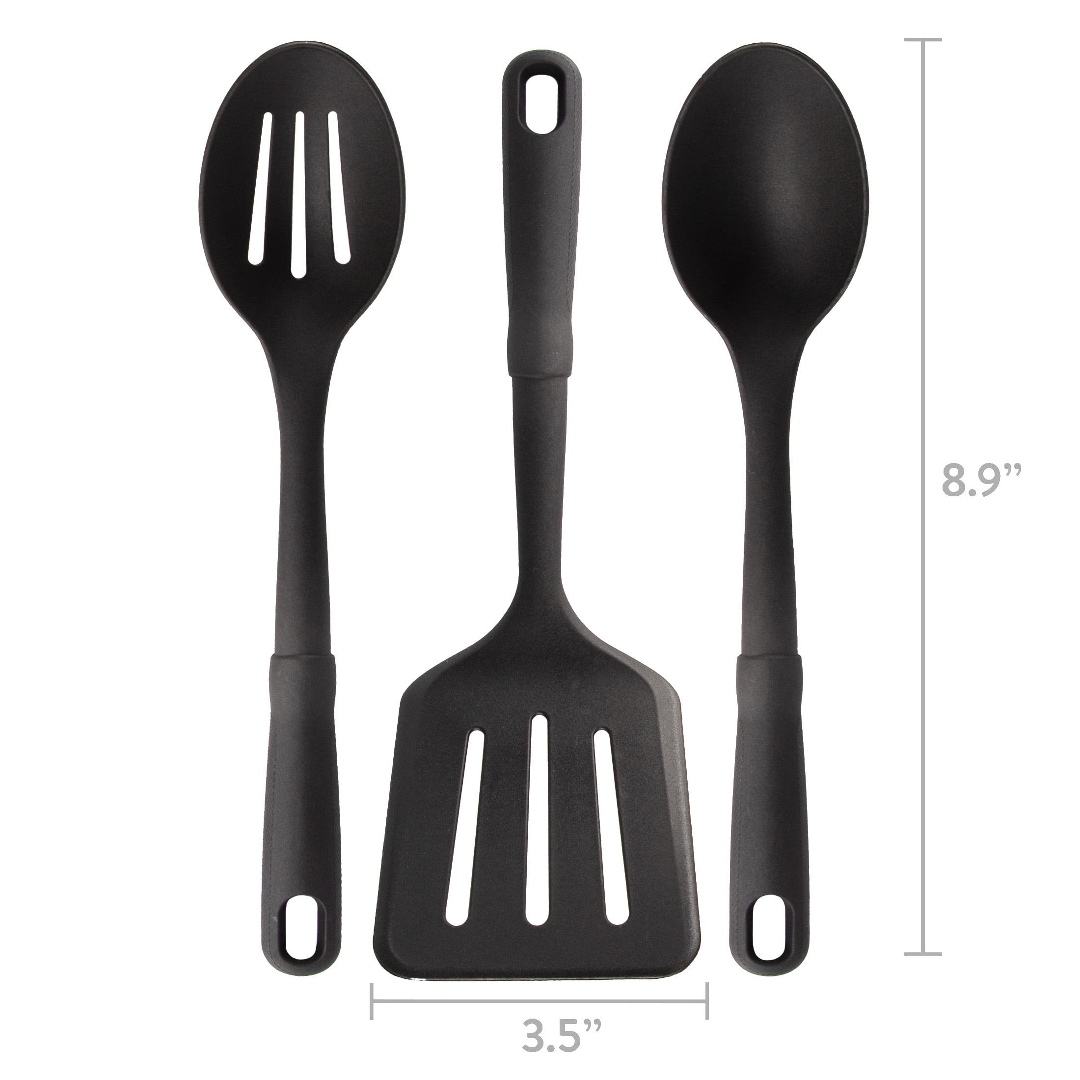(4 pack) Mainstays 3-Piece Kitchen Utensil Set, Slotted Spatula, Slotted Spoon and Solid Spoon, Black, Nylon