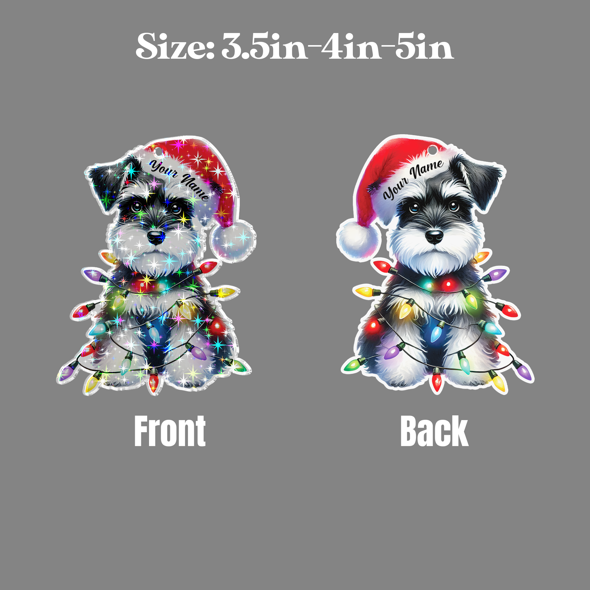 Lotusprinthandmade Personalized Name Schnauzer Dog with Christmas Light Custom Shape Star Hologram Ornament 10in, schnauzer christmas decor ornament