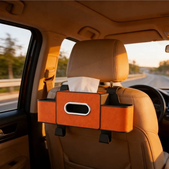 2026 New Car Seat Back Storage Box, 3-in-1 Multifunctional Car Organizer with Cup Holder, Tissue Box, Trash Bin & Hooks for Phones, Snacks, Handbags