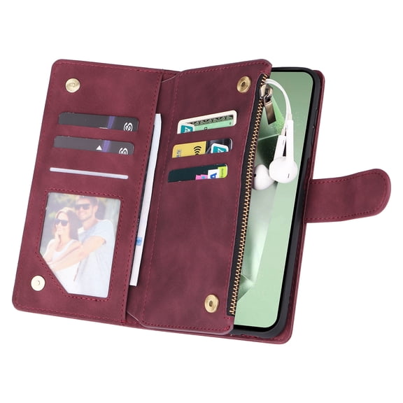 ELEHOLD for Samsung Galaxy A17 5G Case, PU Leather Case Magnetic Closure Handbag Zipper Pocket Kickstand Card Slots Flip Shockproof Wallet Case with Strap,Winered