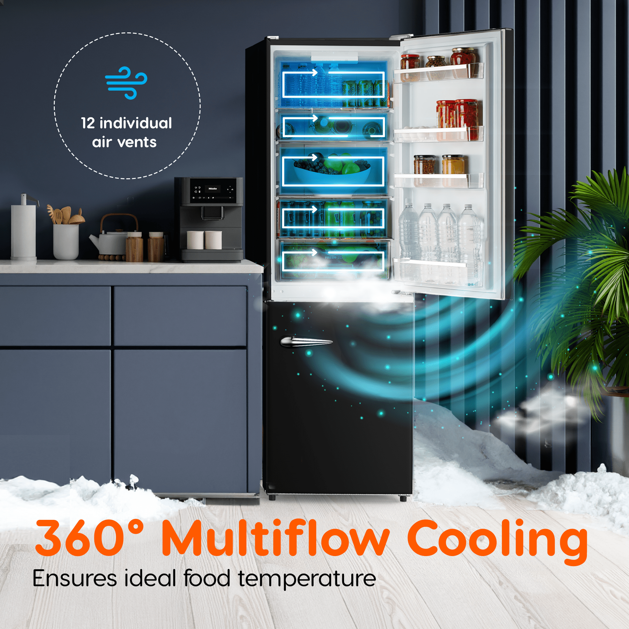 iio 24" 11 Cu Ft Bottom Freezer Retro Refrigerator, Fridge for Bedroom, Multiflow 360, Small Mini Ice Cube Tray, 1 Fruit container, LED, Dorm RV Office Beverage Quiet Compressor, Black (Right Hinge)