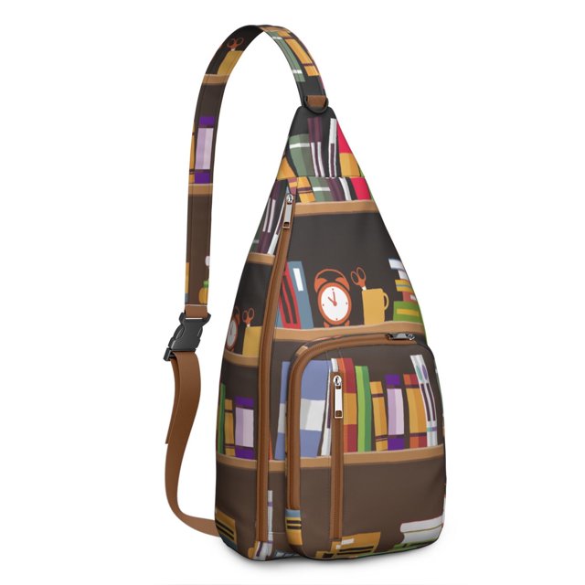 Born to Read Sling Backpack - Literary Bookcase Wall Design Shoulder Bag, Anti-Theft Multi-Pocket Pack for Book Enthusiasts