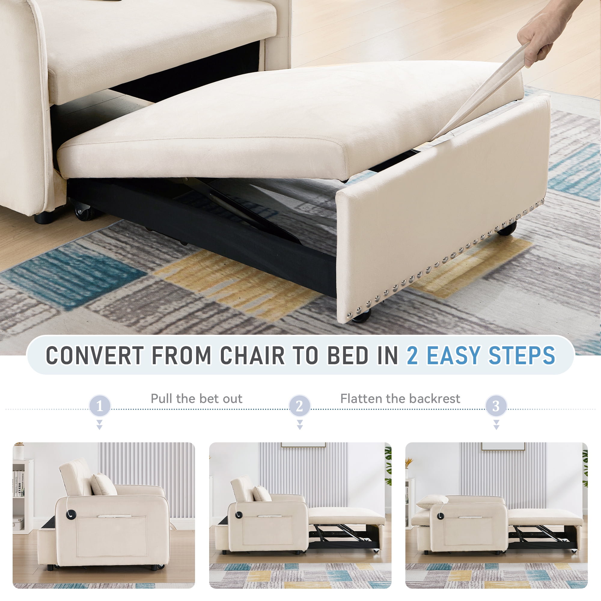 Lunale 3-in-1 Convertible Sleeper Chair Bed, Indoor Lounge Chair with USB/Type-C, Beige Velvet