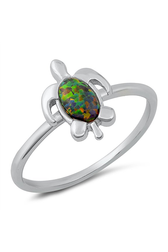 Black Simulated Opal Classic Sea Turtle Ring Sterling Silver Size 9