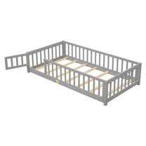 Twin Bed Frame for Kids, Solid Wood Creative Floor Platform Bed with Fence and Door, Modern Montessori Bed with Slats Support for Boys and Girls Bedroom, Easy Assembly, Gray
