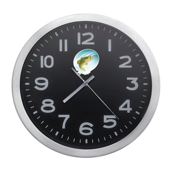 Wall Clock Home Decor or for a Patio/RV/Game Room 10" Round Silver Edge with a Black Face Featuring Your Choice of an Animal Themed Vinyl Decal - FREE Battery Included (Bass Spash)