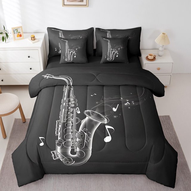 Twin Saxophone Bed In A Bag 7 Piece Jazz Music Comforter Set Music Notes Bedding Set With Pillow Covers For Kids Adults Musical Instrument Saxophone Sheet Set With Comforter
