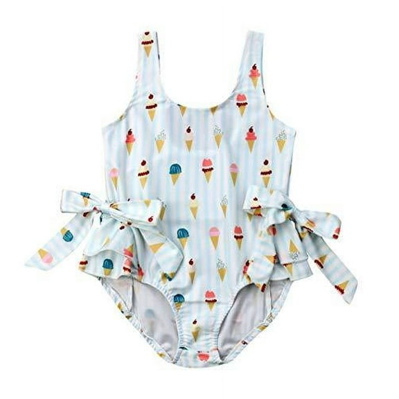 Styles I Love Toddler Girls Sweet Ice Cream Bowknot Ruffled One-Piece Swimsuit Multicolored Bathing Suit Beach Swimwear (90/12-18 Months)