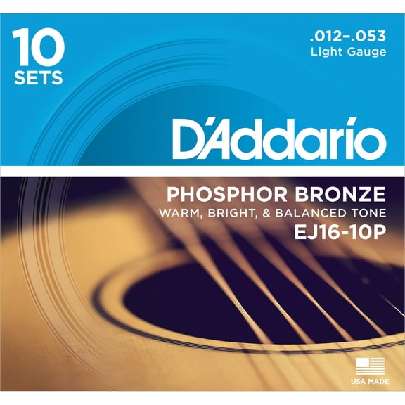 D'Addario EJ16-10P Phosphor Bronze Acoustic Guitar Strings, Light, 10 Sets
