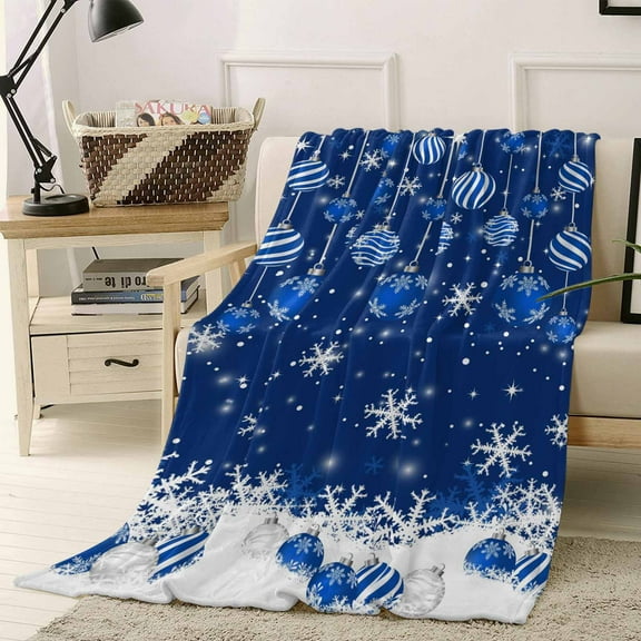 Navy Blue Christmas Balls Throw Flannel Blanket 40x60In Winter Xmas Ball Snowflakes Scenery Super Soft Cozy Bed Blanket, Lightweight Plush Fuzzy Bed Throw for Bedroom Sofa Couch Living Room