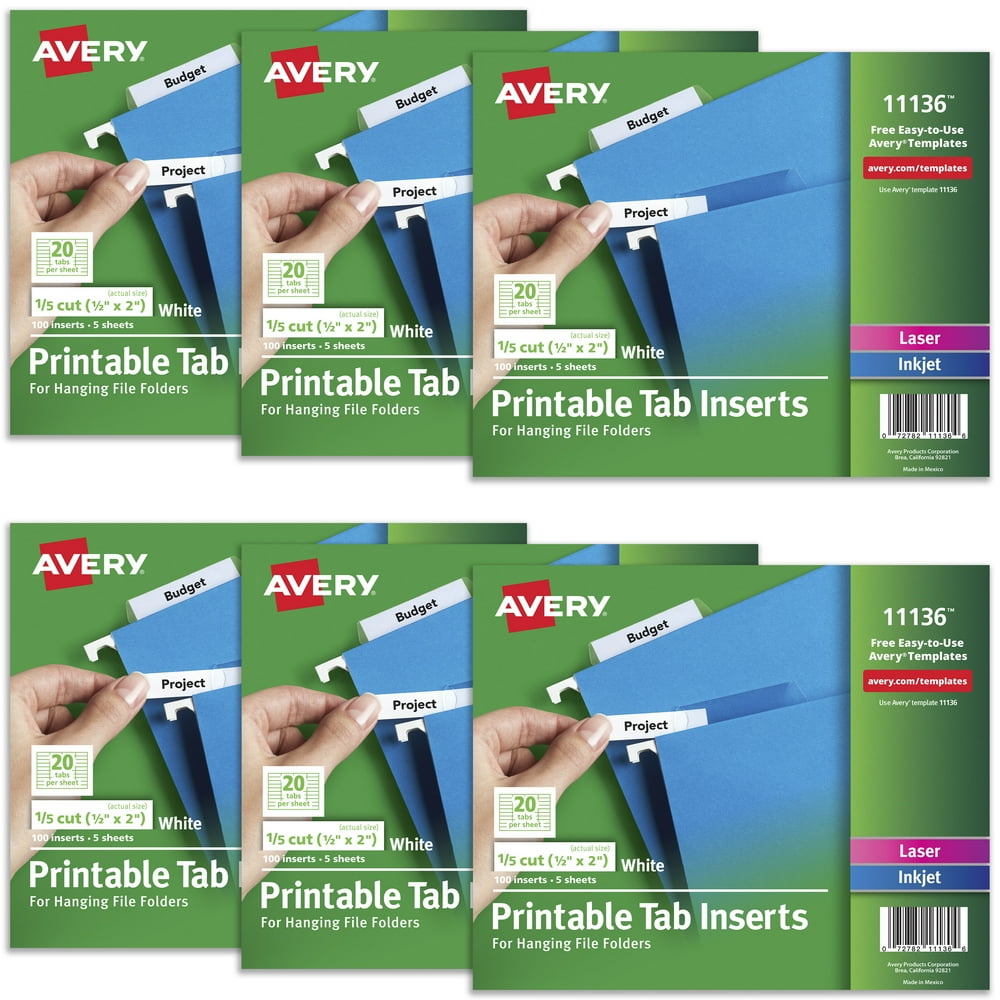 Avery WorkSaver Tab Inserts, 2 Inches, White, 100 Inserts Per Pack, 6