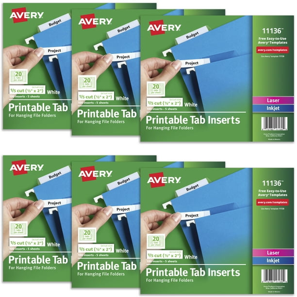 Avery WorkSaver Tab Inserts, 2 Inches, White, 100 Inserts Per Pack, 6 Packs, 600 Inserts Total (11136)